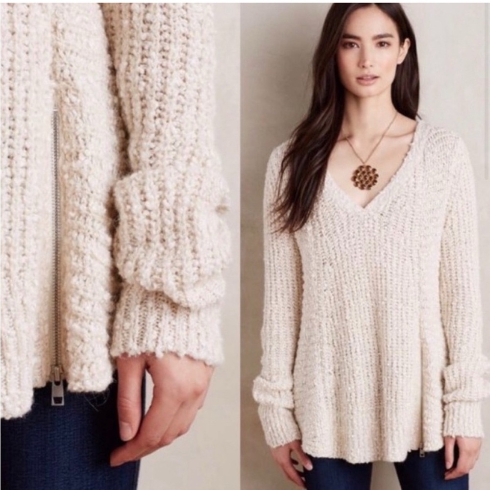 Anthropologie Moth Cream V-Neck Wool Blend Sweater